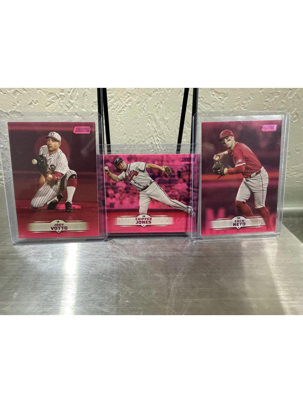 3 Stadium Baseball pink Cards Featuring Zach Neto, Chipper Jones, and Joey Votto